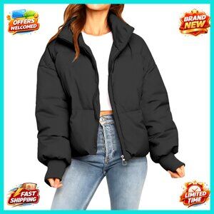 Cropped Puffer Jacket Quilted Padded Coat Zip Up Lightweight Chic Winter